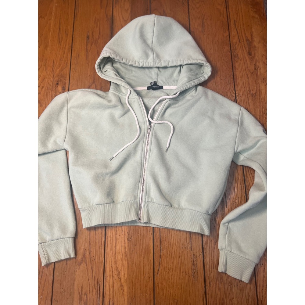 Forever 21 Womens Sage Green Cropped Zip Up Hoodie Fleece Sweatshirt Size M